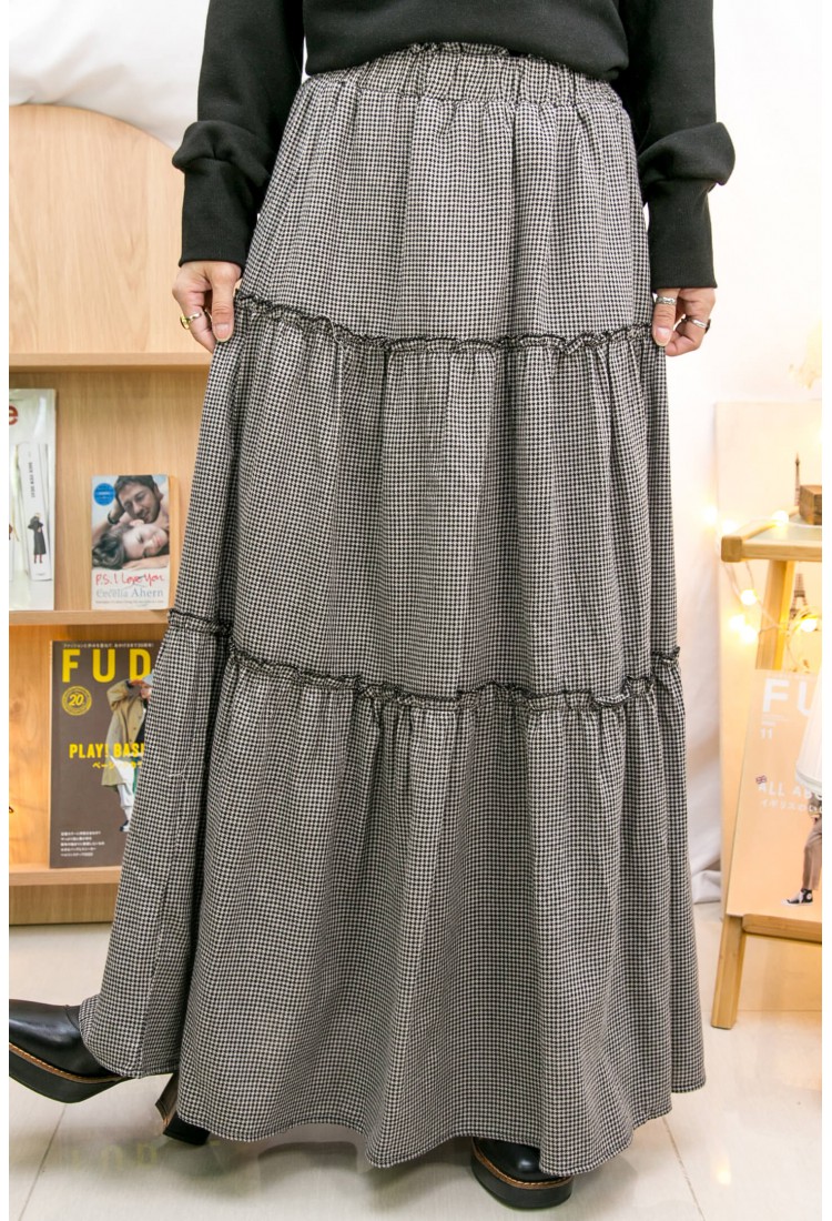 2215-1159 層層打摺 RUFFLE邊 ‧ 橡根腰 ‧ 格仔麻棉料半截裙 (有厘布) (韓國)