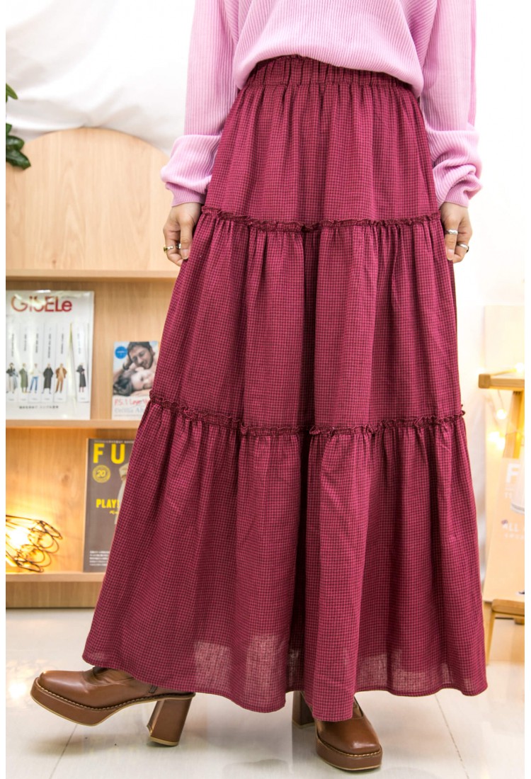 2215-1159A 層層打摺 RUFFLE邊 ‧ 橡根腰 ‧ 格仔麻棉料半截裙 (有厘布) (韓國)